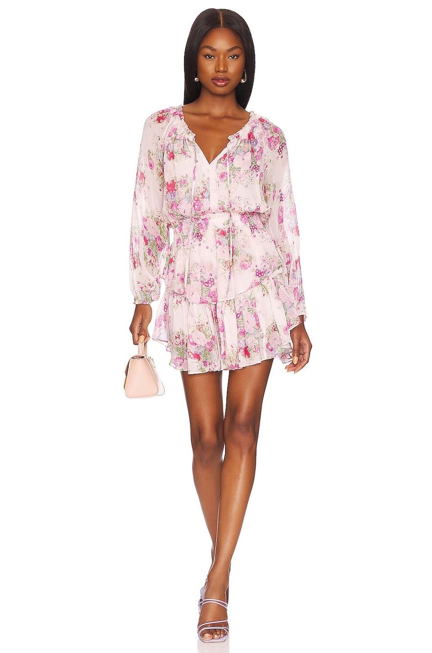 New LoveShackFancy Popover Mini Dress Pink Floral Layered Smocked Ruffled Sz L